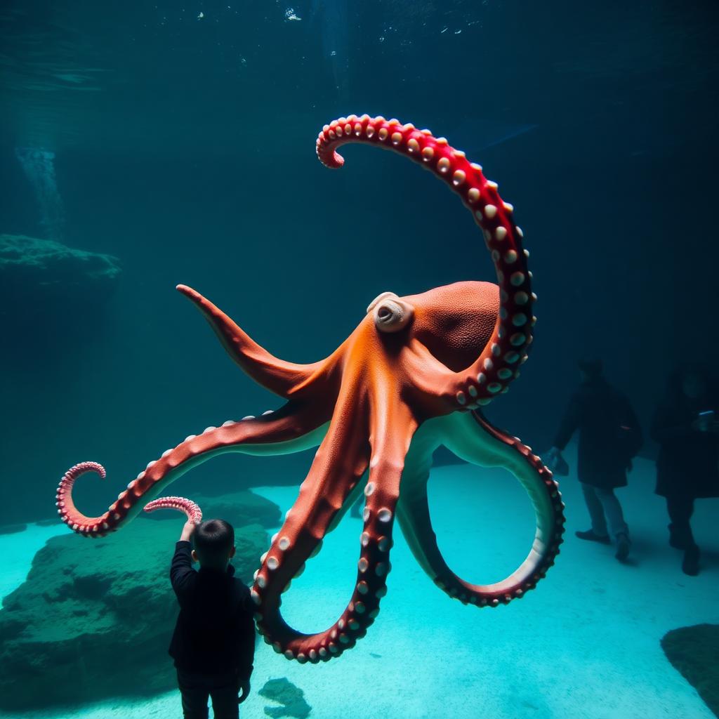 A Giant Pacific Octopus inside a quiet aquarium tank pressing one arm against the glass, the setting of Remarkably Bright Creatures