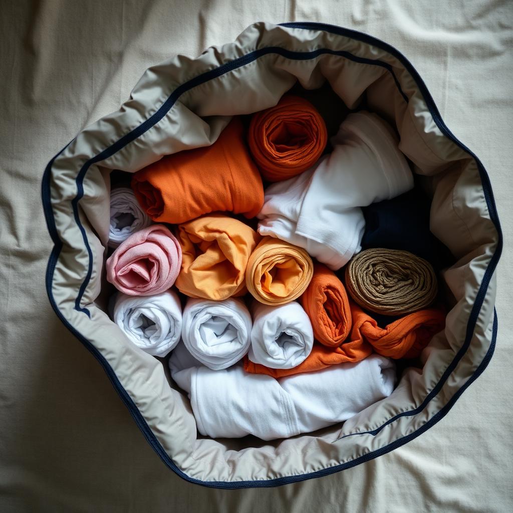 Overhead view of neatly rolled t-shirts and clothing packed tightly inside an open fabric compression packing cube resting on a linen bedspread