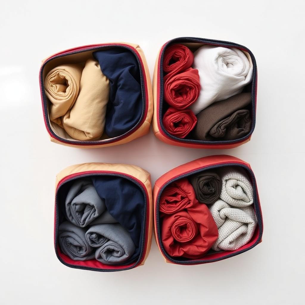Open carry-on suitcase neatly packed with rolled clothing in beige and navy, an example of carry-on only travel packing tips