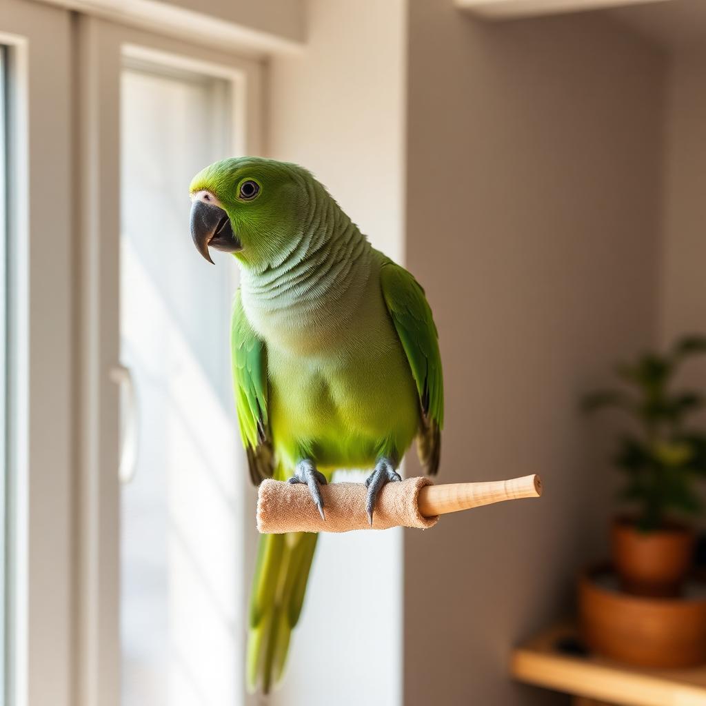 A green cheeked conure parrot perched calmly on a natural pumice grooming perch inside an airy home aviary with natural daylight through a window