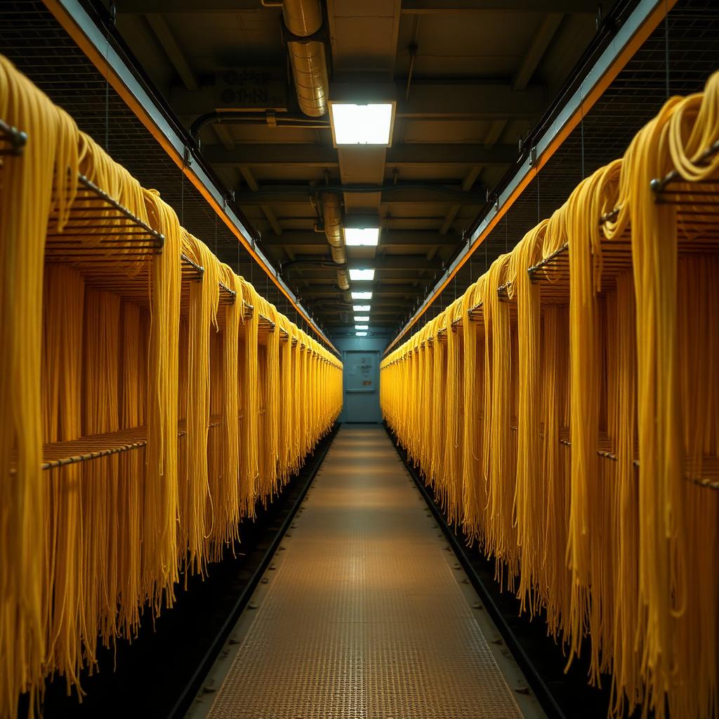 Rows of fresh spaghetti hanging on drying racks inside a heated industrial pasta drying tunnel