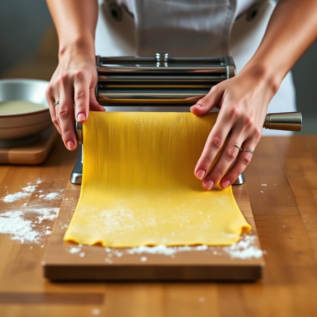 Hands rolling a sheet of yellow pasta dough through a hand crank pasta machine