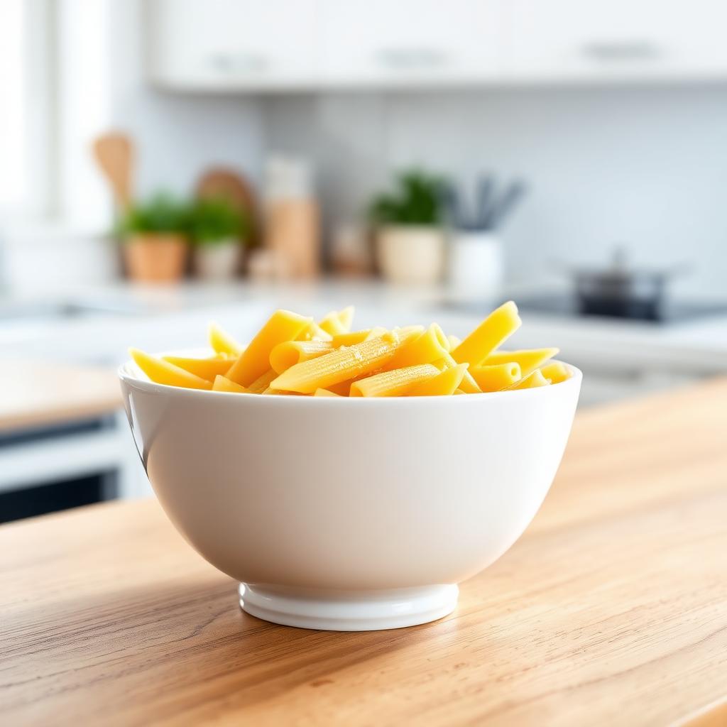 Steaming bowl of cooked penne pasta on a wooden countertop next to a microwave