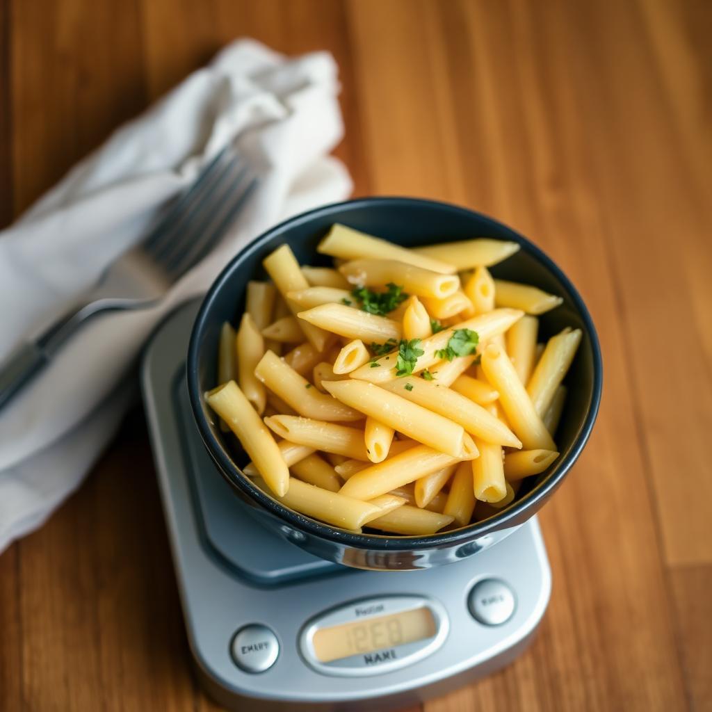 Bowl of cooked penne pasta on a kitchen scale next to a fork