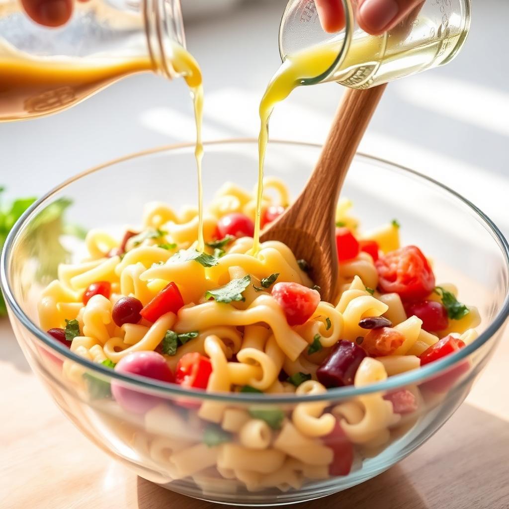 Glass mixing bowl of pasta salad being tossed with a wooden spoon while vinaigrette is poured from a small jug