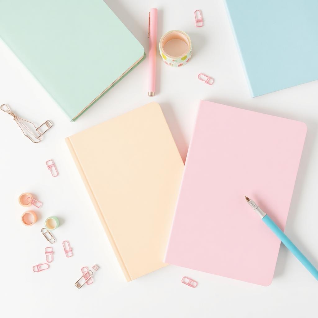 Overhead flatlay of pastel notebooks, gel pens, paper clips and washi tape on a white desk surface