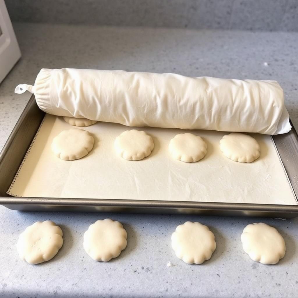 A tube of refrigerated pastry dough being unrolled onto a baking tray with biscuit rounds inside