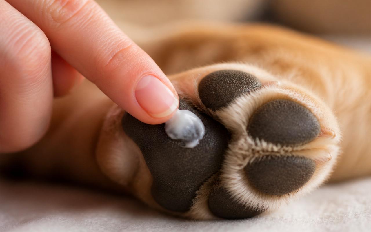 Owner rubbing paw balm into a Labrador's cracked back pad while the dog rests on a blanket