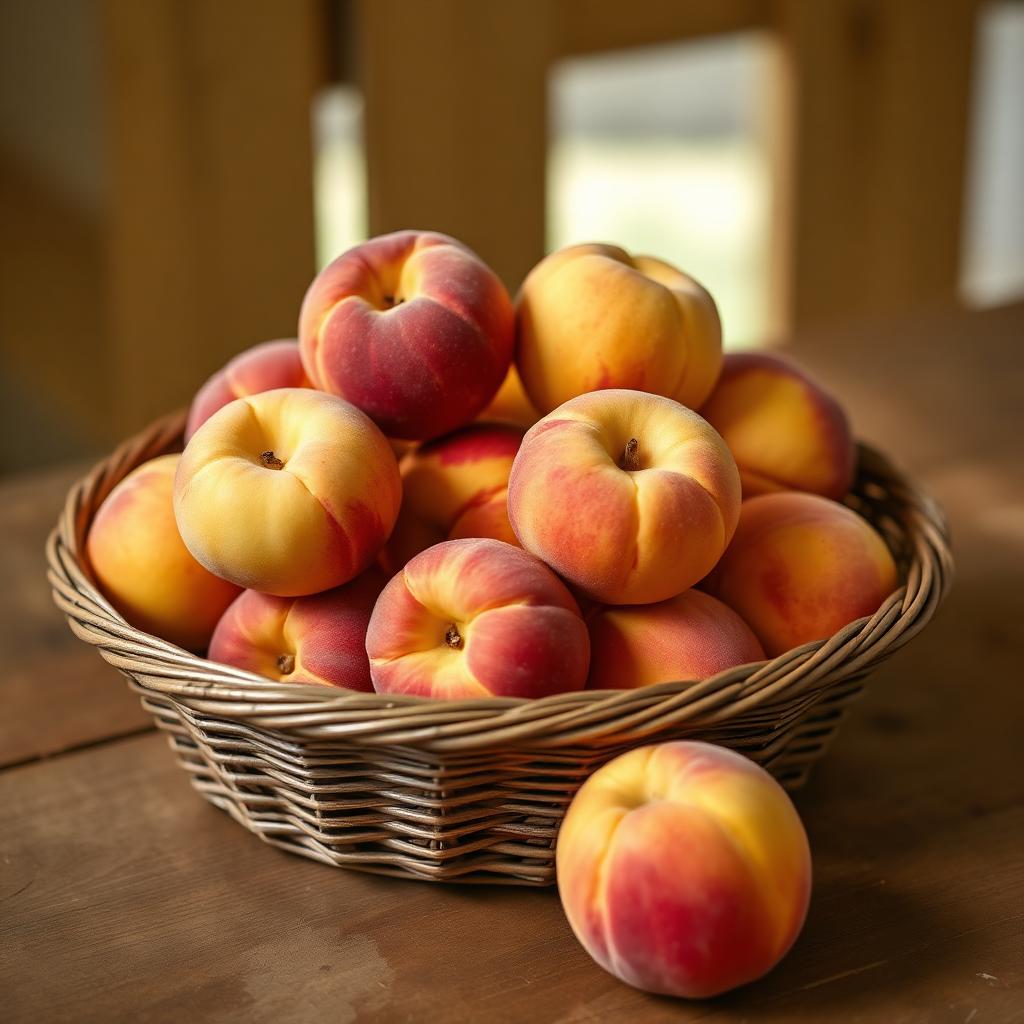 Ripe yellow and red peaches piled in a wicker basket on a wooden table