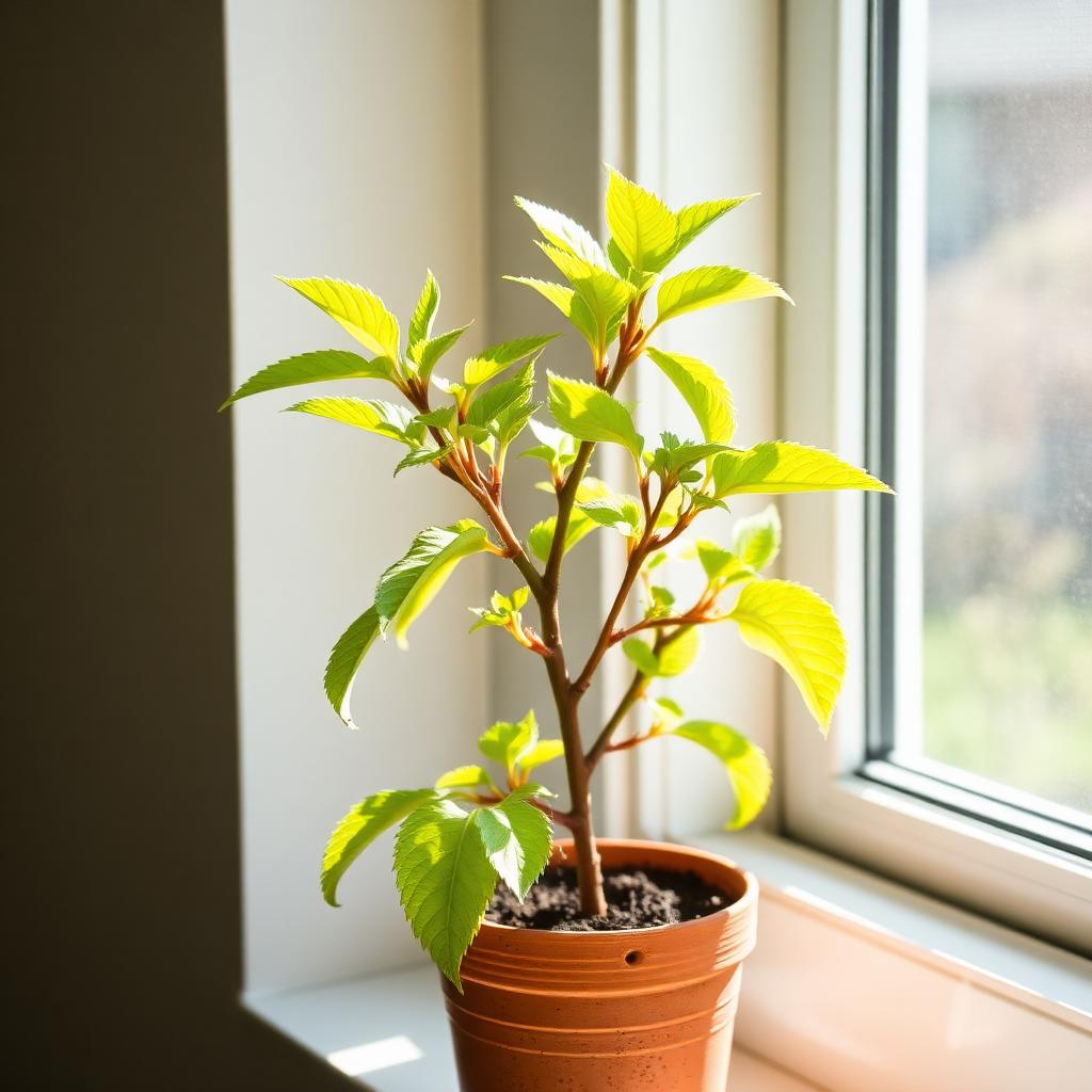 A young peach tree sapling with green leaves growing in a terracotta pot on a windowsill