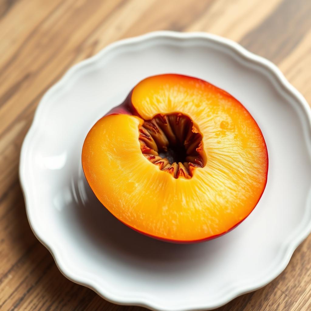 A peach cut in half showing the pit, on a white ceramic plate