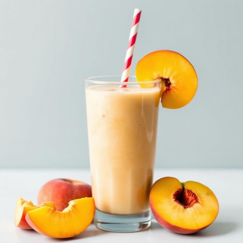 Peach smoothie in a tall glass with a striped paper straw and fresh peach slices
