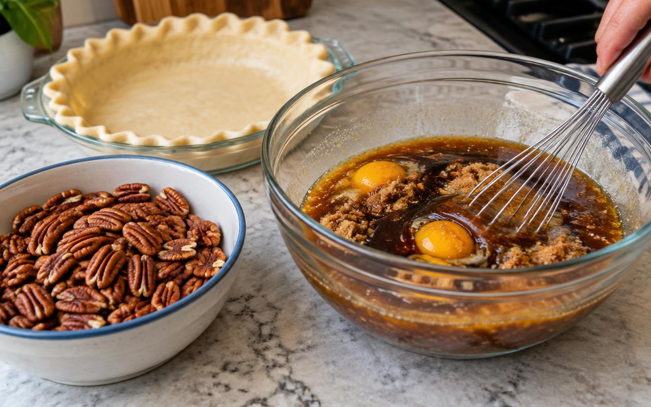 Whisking pecan pie filling with eggs and corn syrup next to pecans and pie crust