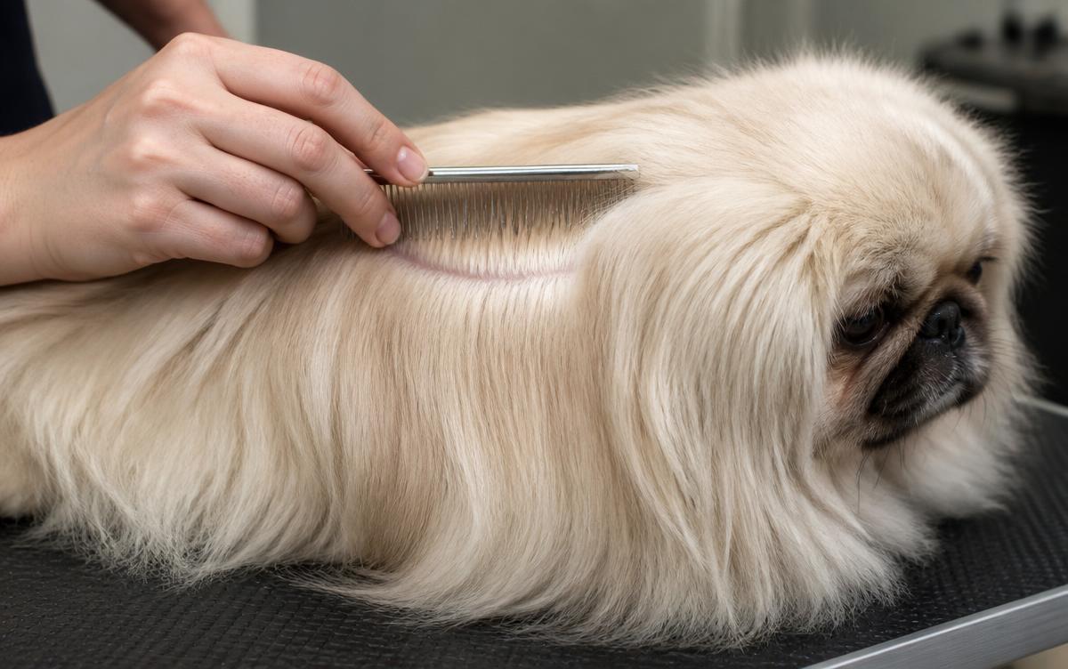 Close up of a stainless steel long pin brush parting the long coat of a Pekingese to reveal a clear skin line