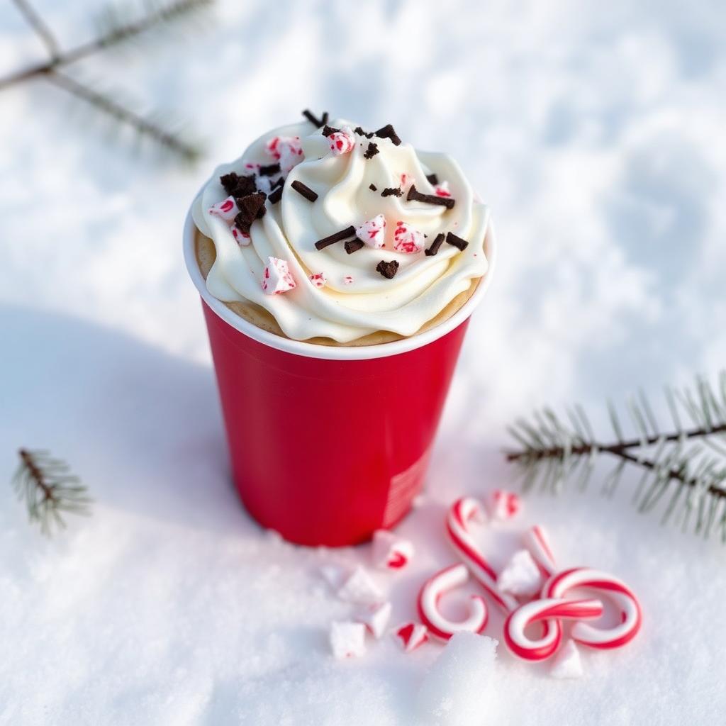 Reusable red Starbucks-style holiday coffee cup with a peppermint drink and whipped cream on a wooden table with pine branches