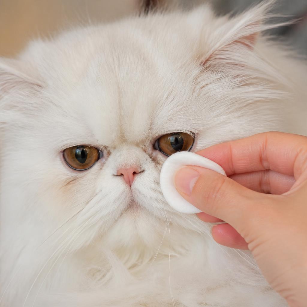 Human hand gently wiping the tear track under the eye of a calm white long haired Persian cat with a soft damp cotton pad