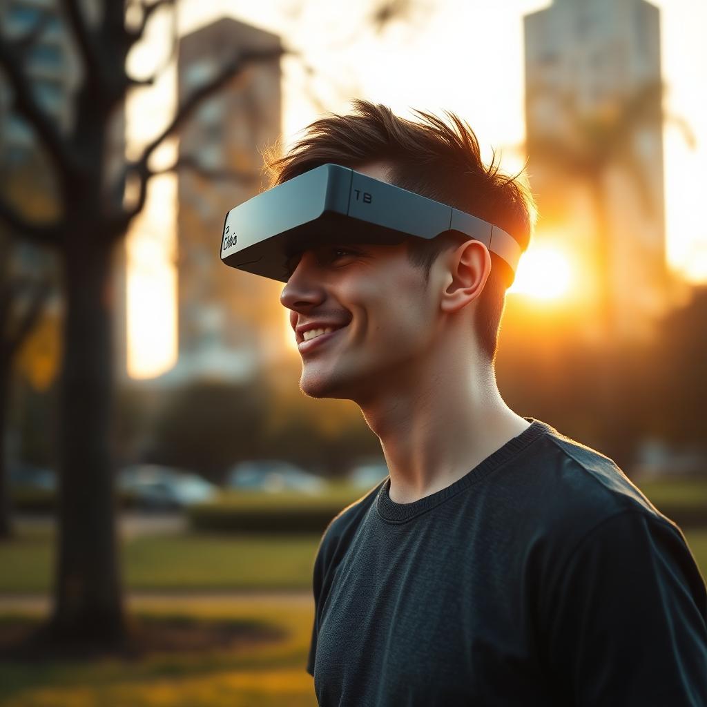 A young man wearing sleek augmented reality glasses outdoors at golden hour, soft sunset light behind him