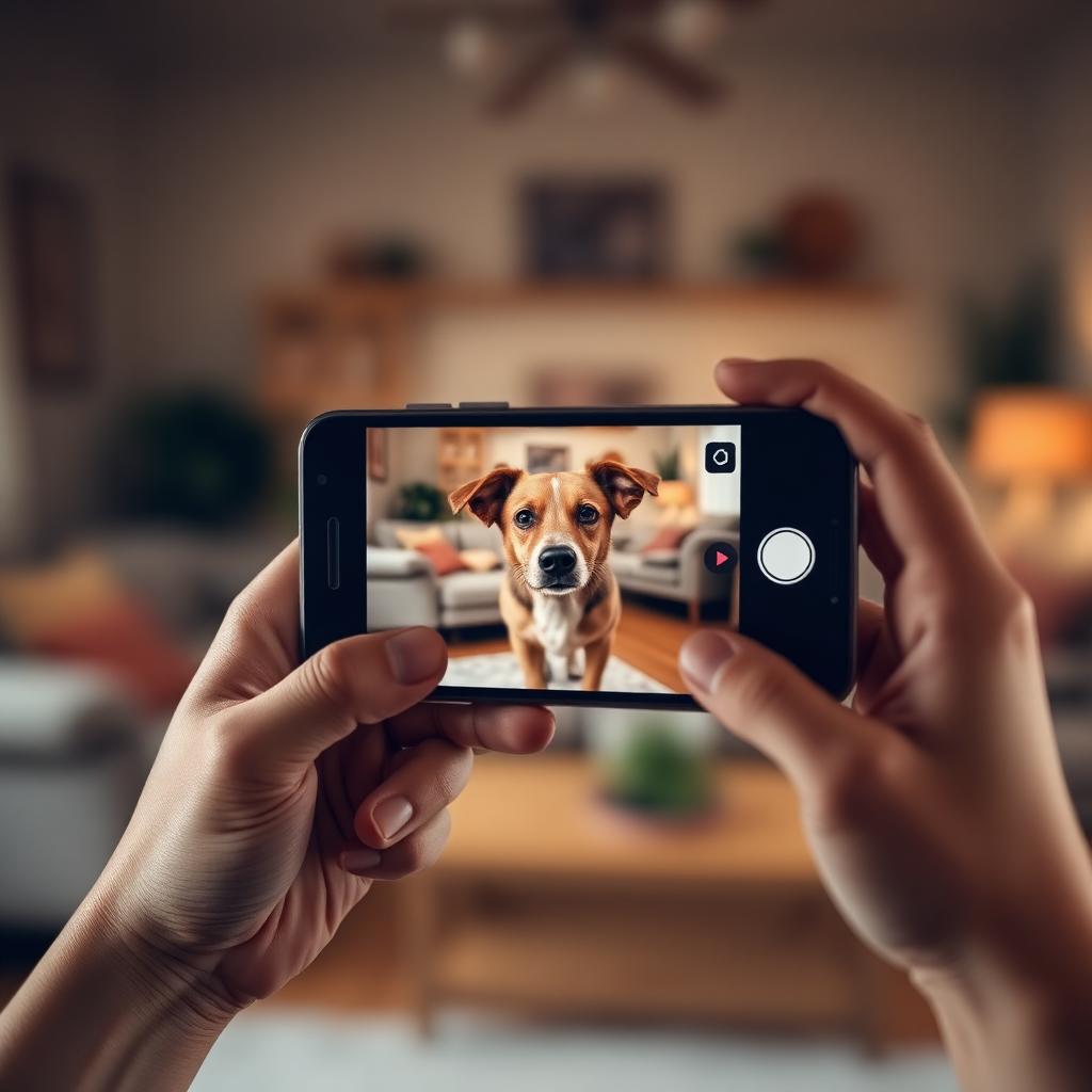 Person's hands holding a smartphone showing a live video feed of a small dog in the living room, cozy blurred home interior in the background
