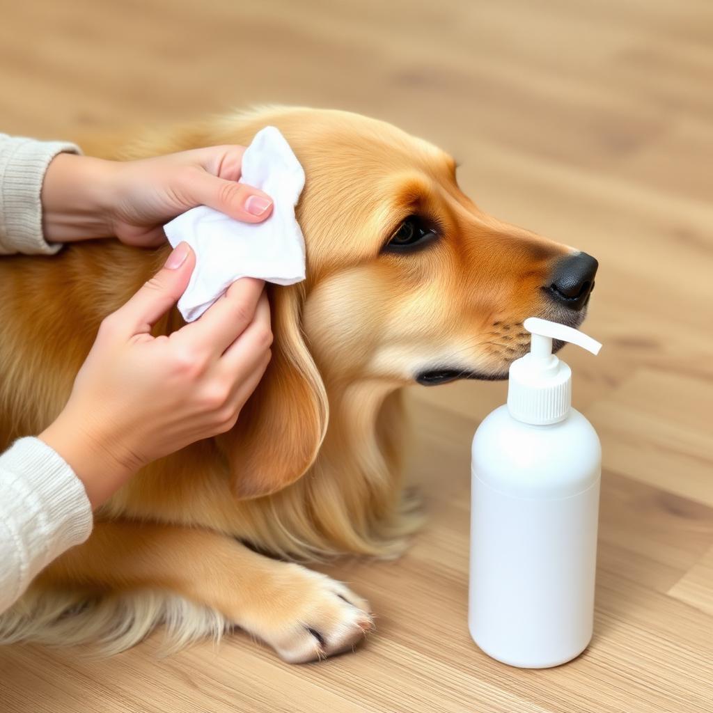 A hand gently wiping a golden retriever's ear flap with a soft cotton pad next to a plain white unlabeled bottle