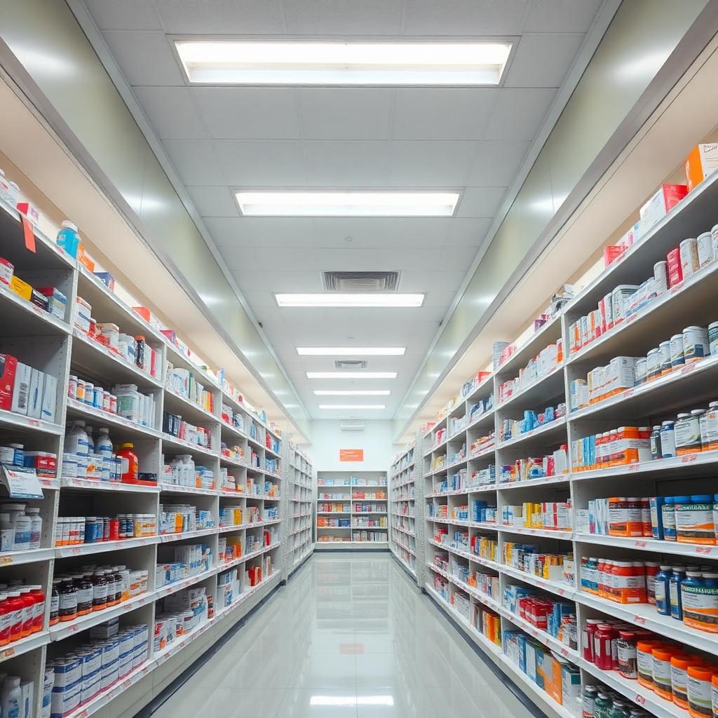 the Rising Pharma Chlorthalidone Recall About: A long modern pharmacy aisle with neatly stocked shelves of medication boxes and bottles under bright clinical lighting.