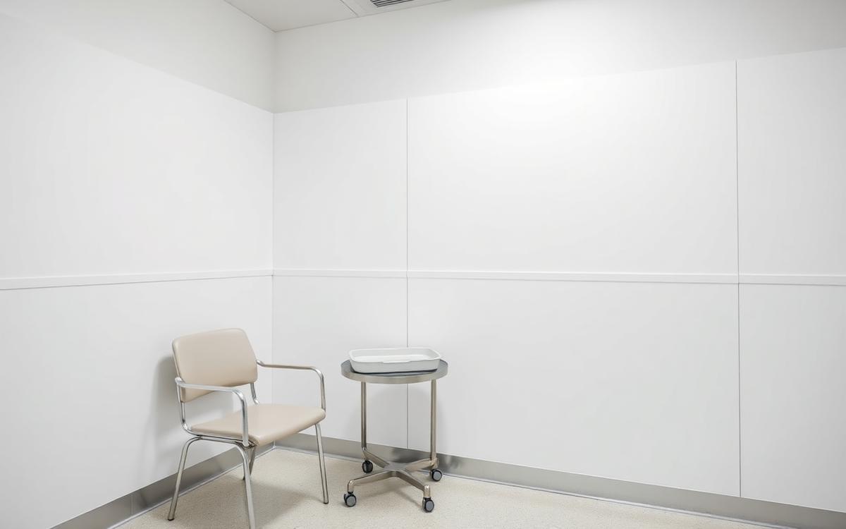Pharmacy vaccination area with a chair, counter and sanitiser ready for an appointment