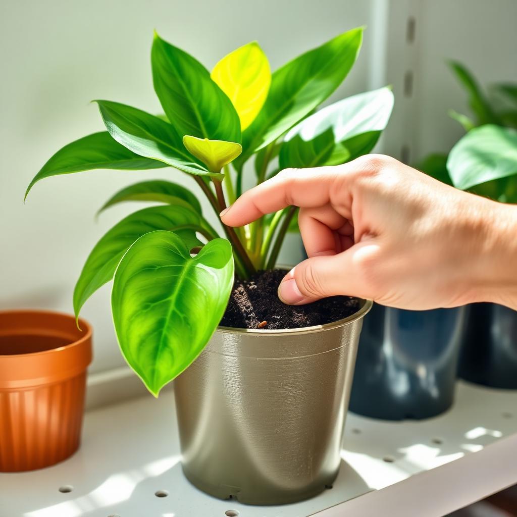 A hand checking soil moisture with index finger pushed into the topsoil of a potted philodendron on a bright shelf.