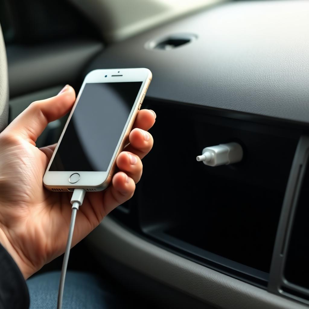 Hand plugging a white iPhone into a USB-C cable connected to a car dashboard CarPlay port