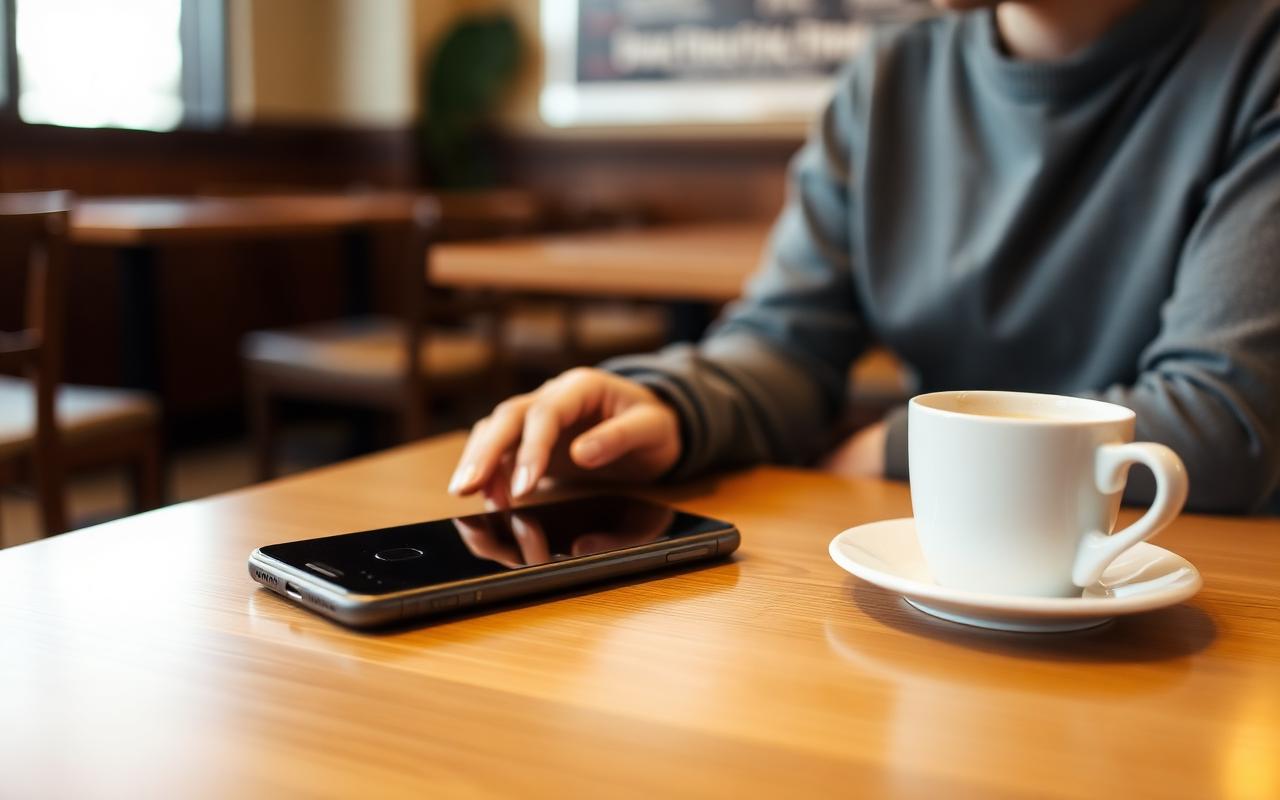 Smartphone placed face down on a cafe table beside a coffee cup during a conversation