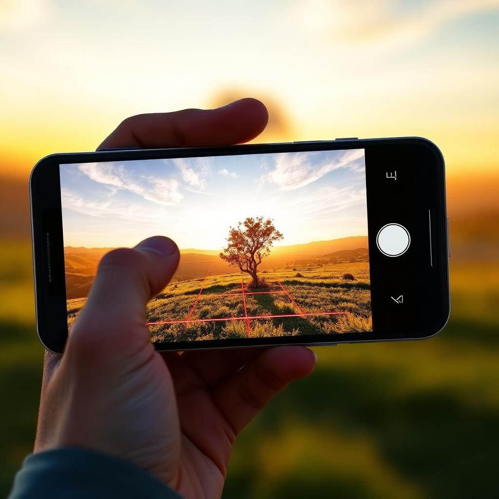 A smartphone screen showing camera grid lines overlaying a scenic landscape with a tree positioned on a grid intersection golden hour