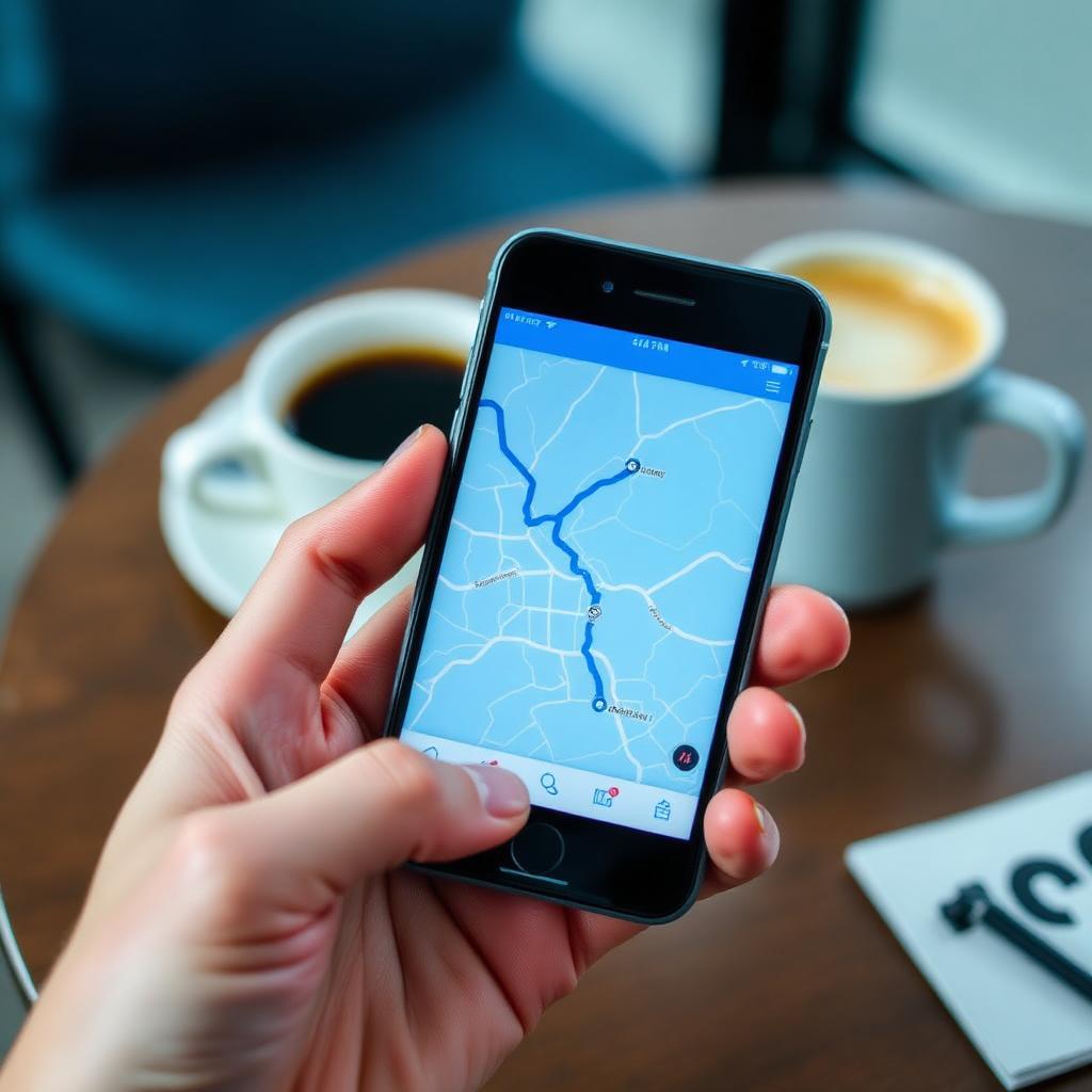 the Best Travel Apps for Planning a Trip: A hand holding a smartphone showing a generic blue navigation route on a map screen with a coffee cup and a notebook on a cafe table