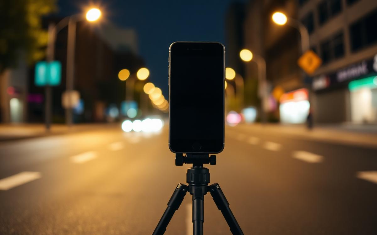 Smartphone on a small tripod photographing a city street at night under street lamps