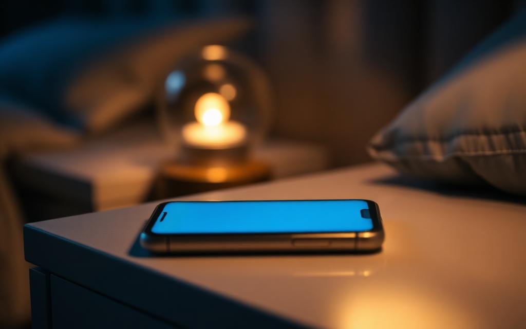 A modern smartphone face down on a dark nightstand under a soft warm lamp showing peaceful silent night atmosphere