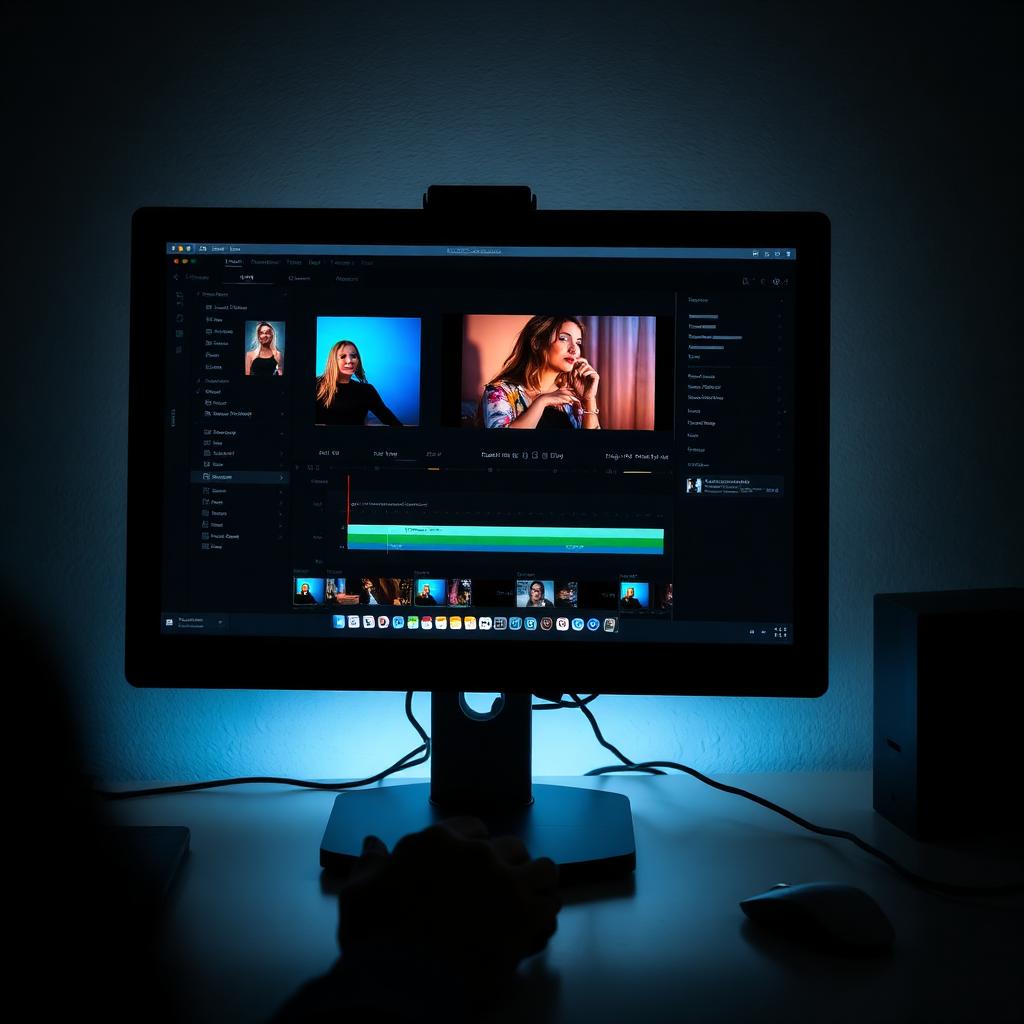 A monitor showing a colourful photo editing application with sliders and a histogram