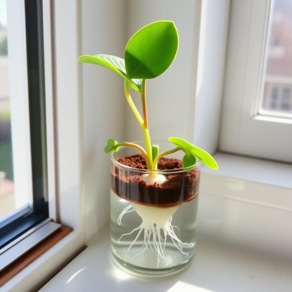 I Propagate a Chinese Money Plant: A small Pilea peperomioides pup with white roots suspended in a small clear glass jar of water on a sunny windowsill.