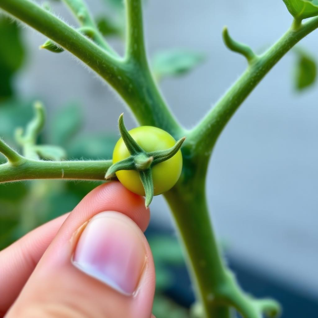Fingers pinching off a small tomato sucker from the V joint between trunk and branch