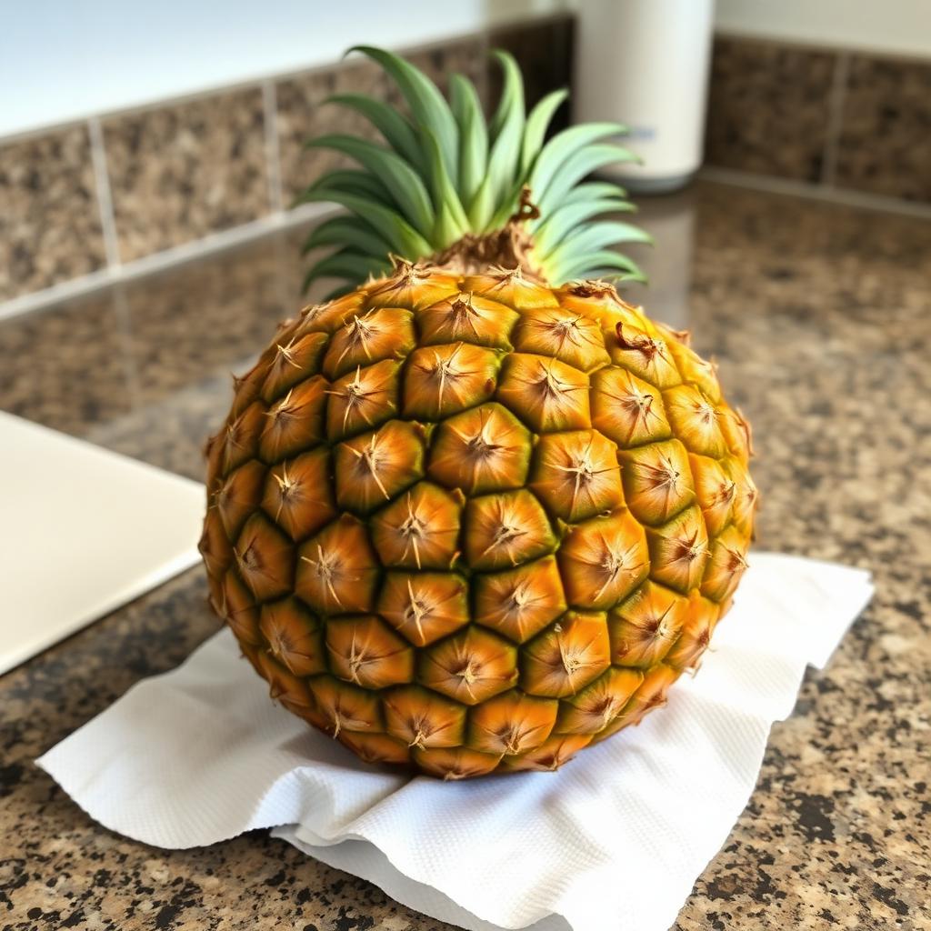A trimmed pineapple crown sitting upside down on a paper towel on a kitchen counter drying out before planting.