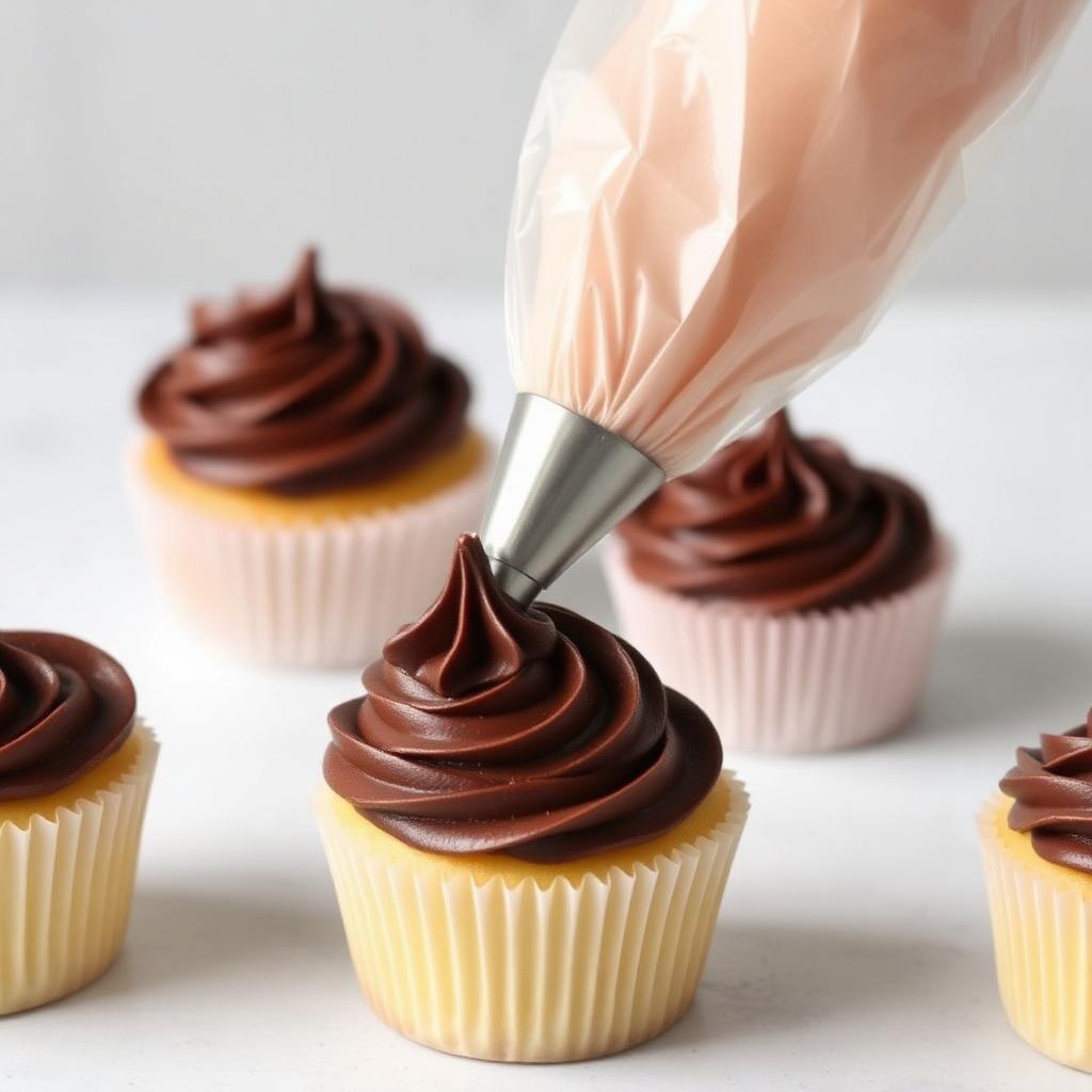 Piping bag filled with chocolate buttercream and a star tip nozzle ready to decorate cupcakes