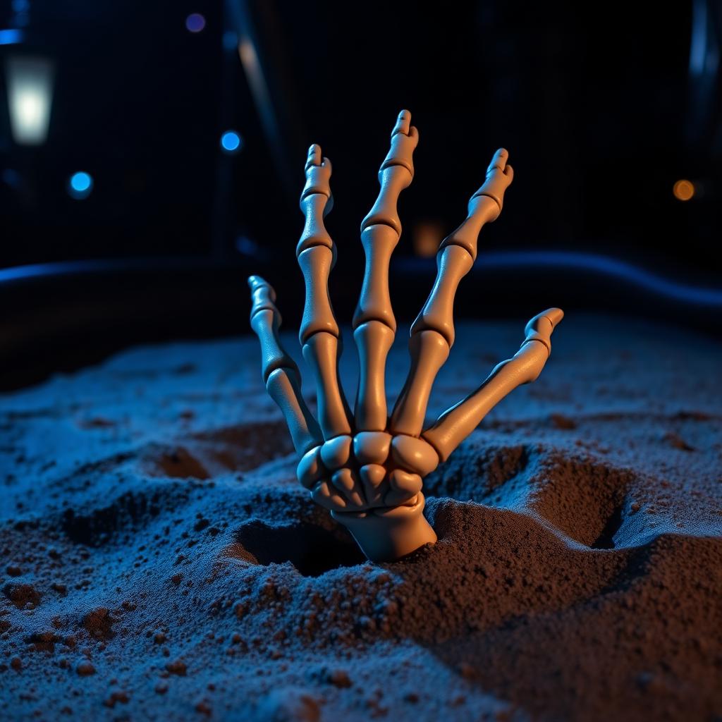 Animatronic pirate skeleton hand emerging from sand on a dark theme park ride scene with moody blue lighting, illustrating Disneyland's new Pirates of the Caribbean cursed pirate effect