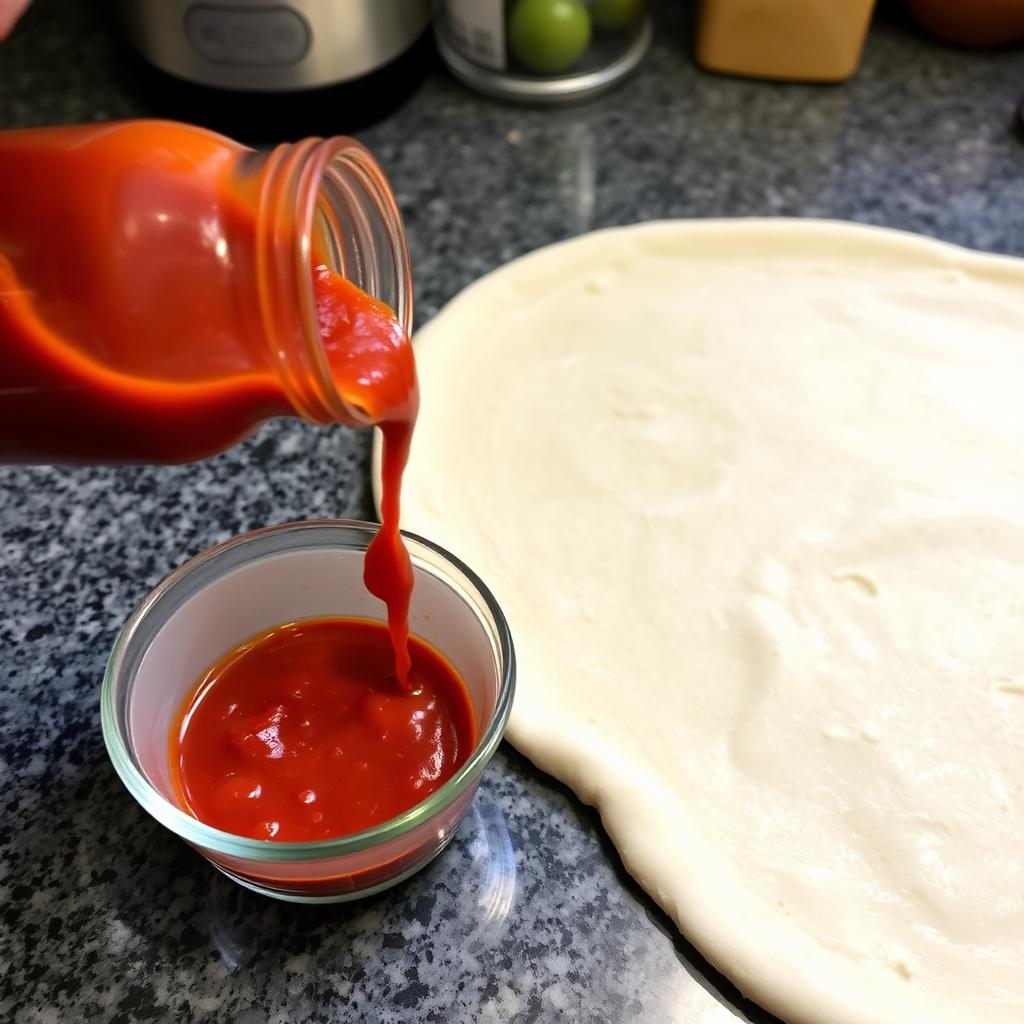 Glass jar of red pasta sauce being poured into a small bowl next to a raw pizza crust