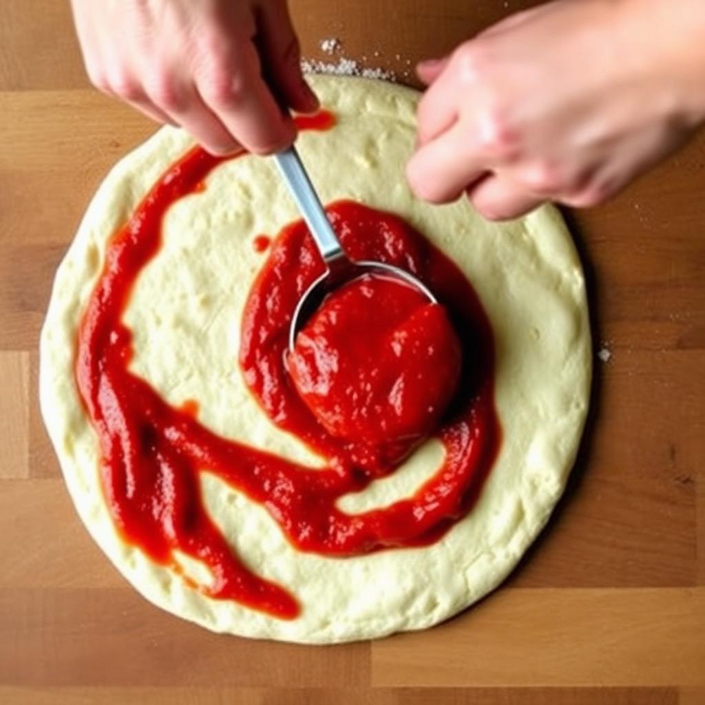 Hand spreading thick red pizza sauce on raw pizza dough with a ladle