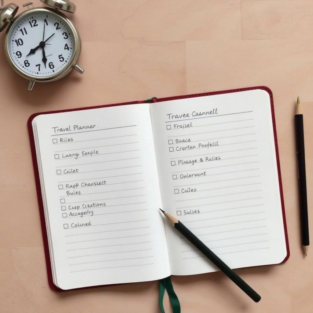 An open travel planner notebook with handwritten checklist boxes beside a small alarm clock and a pencil on a soft pink surface