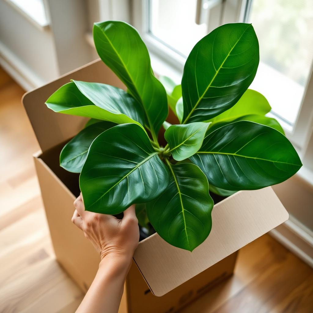 Hands lifting a healthy potted houseplant from a custom cardboard shipping box on a wooden table
