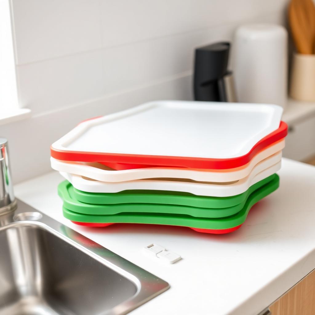 Stack of color-coded plastic cutting boards on a kitchen counter