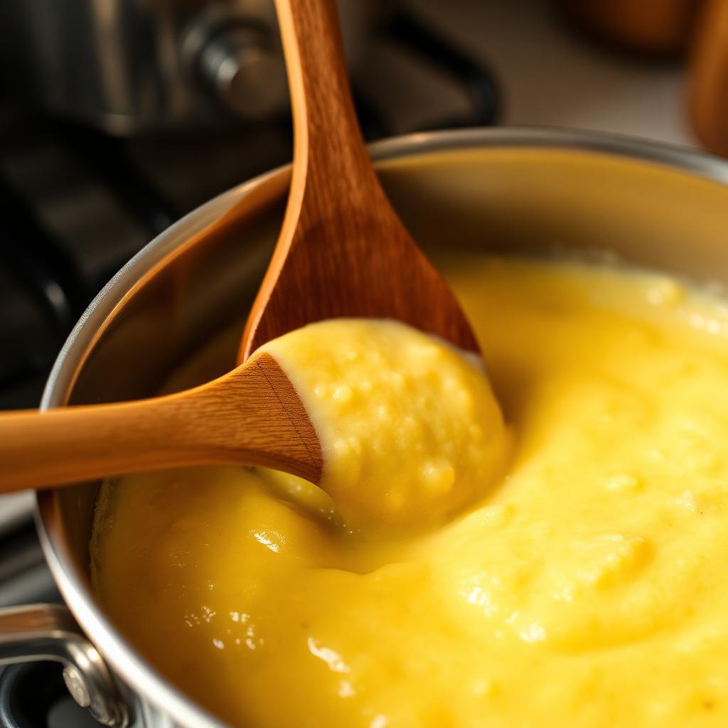 Wooden spoon lifting thick creamy yellow polenta in a stainless steel saucepan on a stovetop