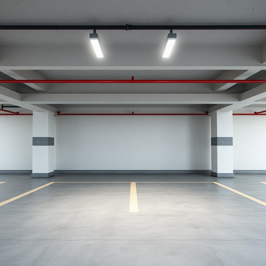 Empty modern car showroom floor with two vacant parking spots and overhead spotlights illuminating bare concrete, illustrating Polestar's US showroom wind down