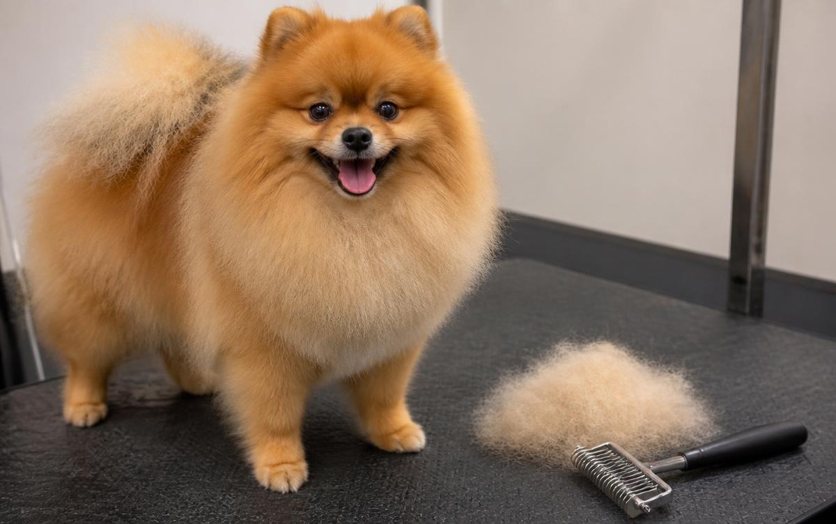 Grooming a Pomeranian coat: a fluffy orange Pomeranian on a grooming table with a pile of loose undercoat and a metal undercoat rake beside it