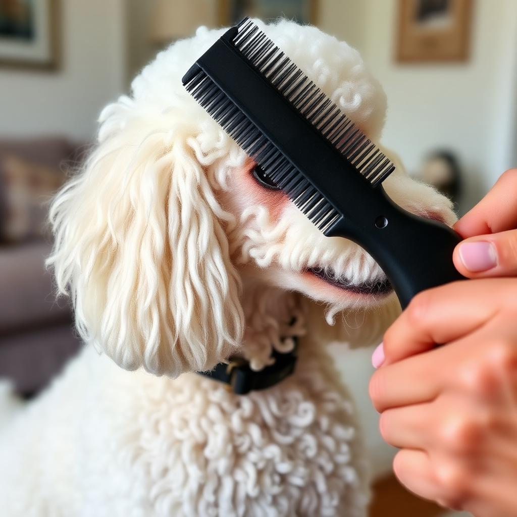 Hands using a long-pin slicker brush on a small parted section of a white Standard Poodle curly coat
