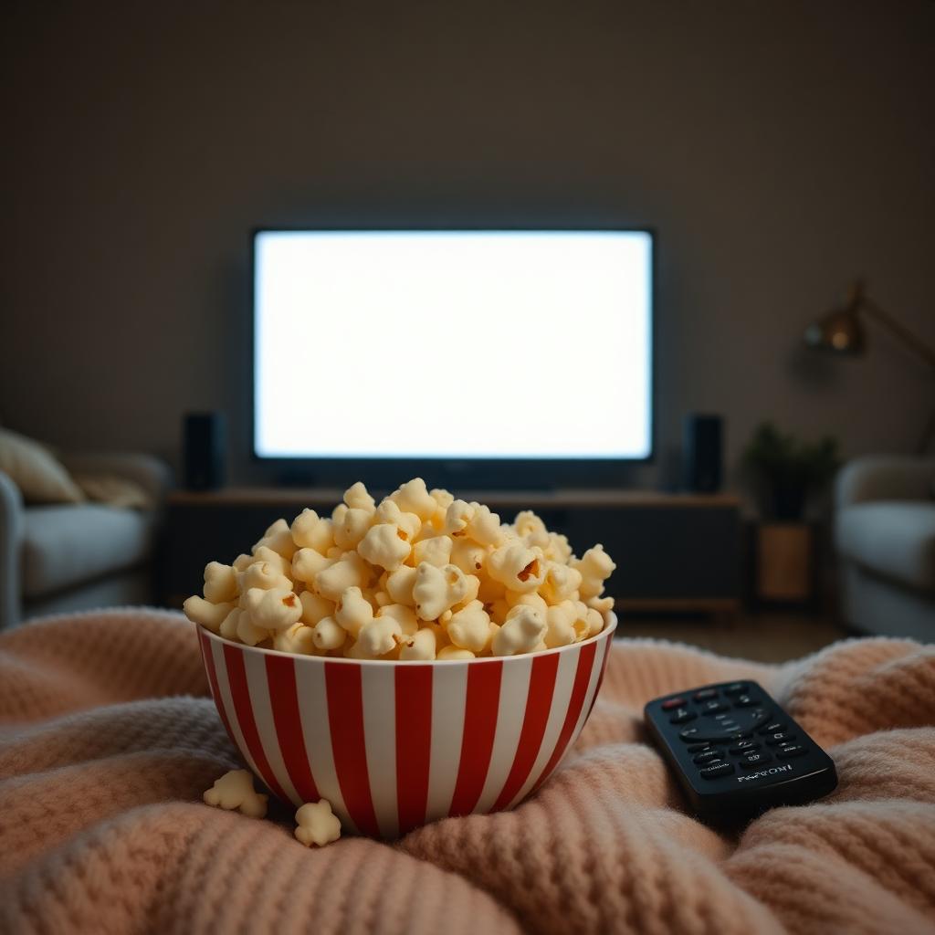 the Top Documentaries on Netflix: A red and white striped bowl of popcorn and a TV remote on a soft blanket in front of a dim glowing television