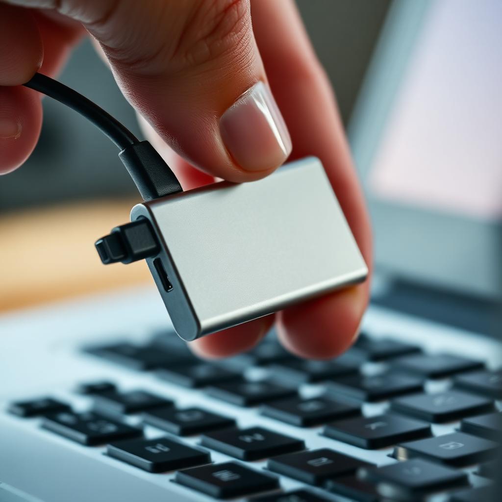 Compact matte black portable SSD external drive with USB-C cable coiled beside it on a dark wood desk surface