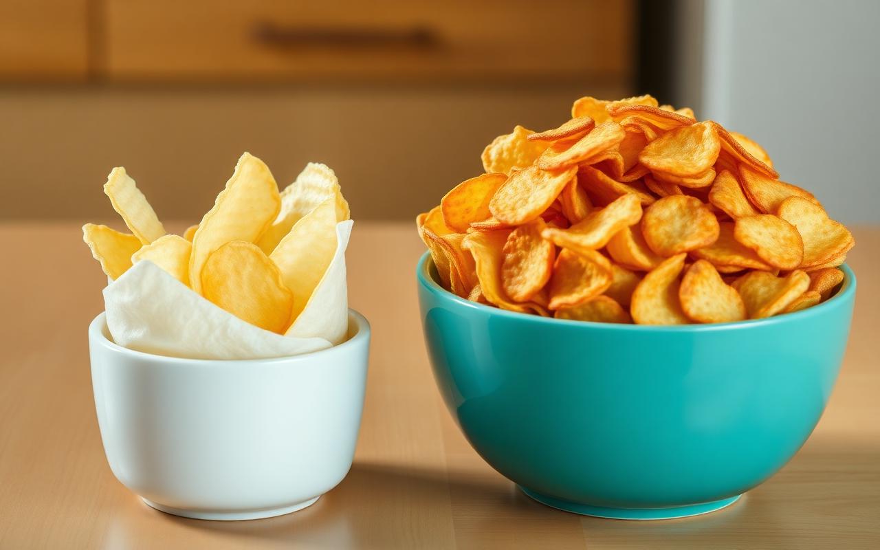 Small bowl of potato chips beside a large heaped bowl showing the gap between a label serving size and a real portion